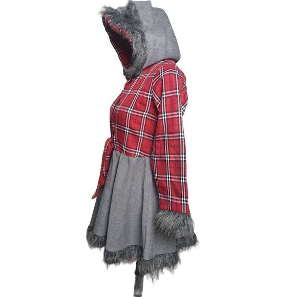 Girls Werewolf Costume Dress Hooded Red Plaid & Grey With Faux Fur Trim Tail Lg - Picture 2 of 9